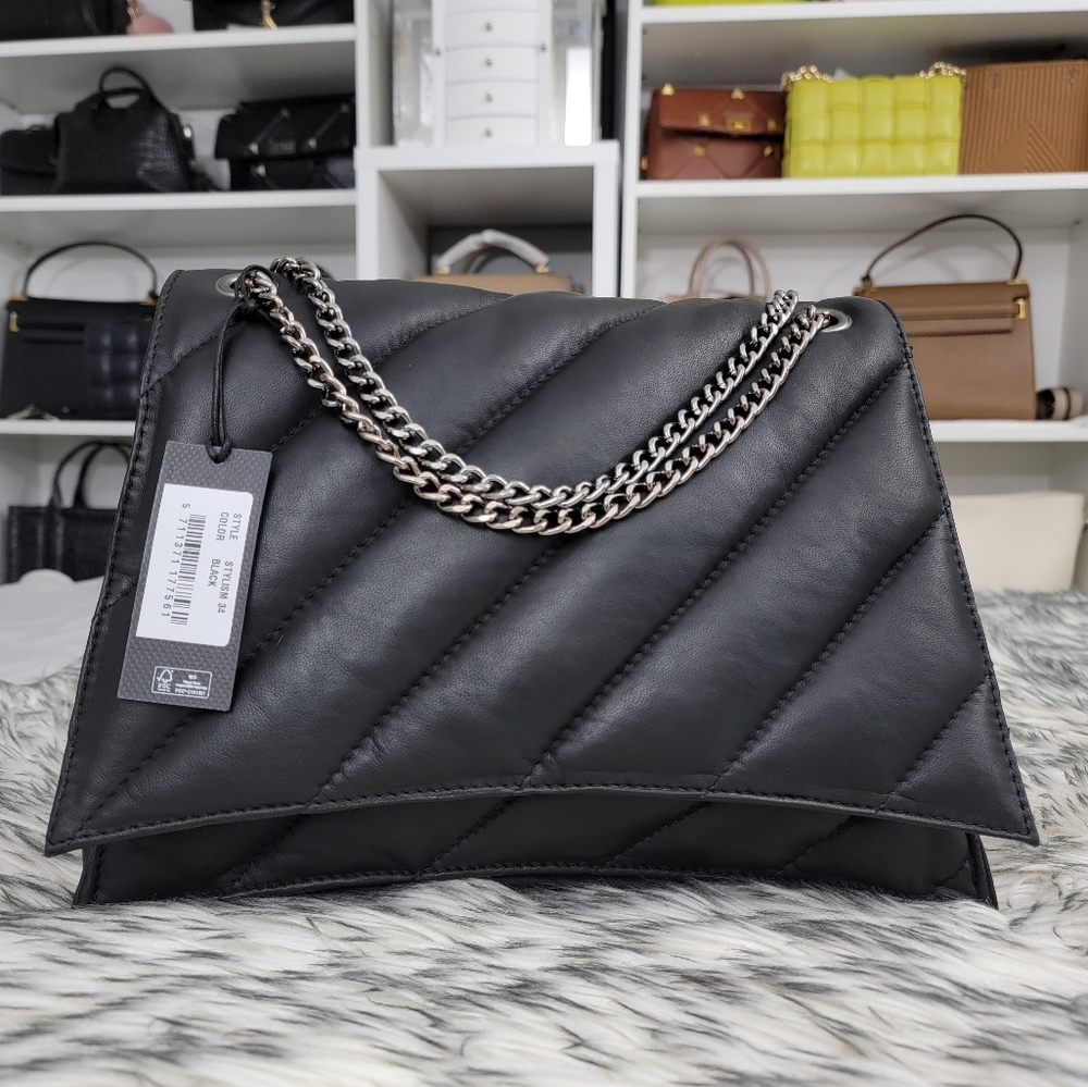 NWT Stylism Denmark Diagonal Quilted Pillow Hourglass Crush Chain Shoulder Bag